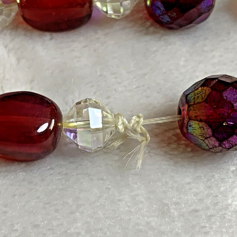 Vintage Red Crystal Beaded Y Drop Necklace Aurora Borealis Mid Century 60s - Picture 7 of 9